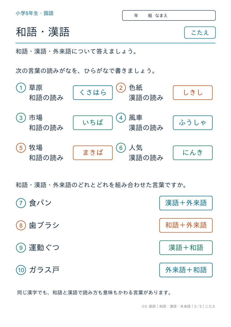 和語・漢語・外来語 和語・漢語のまとめ のこたえページ