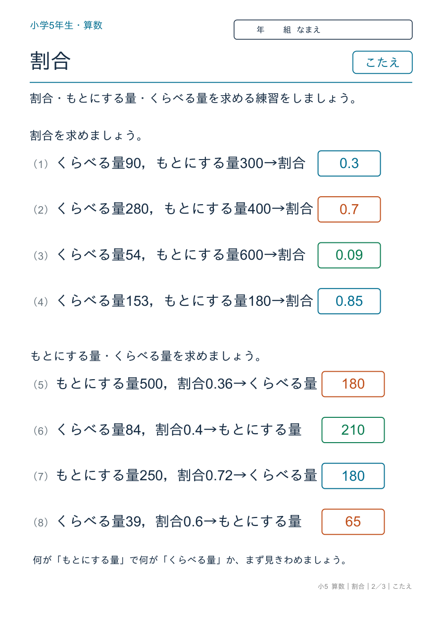 割合 割合の練習 のこたえページ