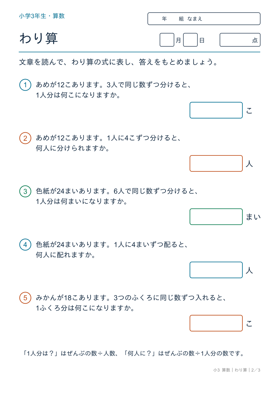 わり算 分ける・いくつ分の文章題 の問題ページ